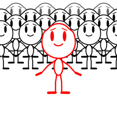 Cartoons man stands in front of team. Leads the crowd. Leader