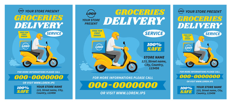 Flyer And Web Banners Templates Set For Food Or Parcel Delivery By Scooter