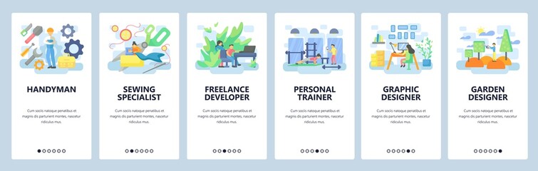 Different professions icon set. Freelance developer, graphic designer, fitness trainer. Mobile app screens. Vector banner template for website and mobile development. Web site design illustration