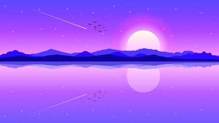 Sky Background Vector Silhouette With Mountains And Lake Landscape Nature
