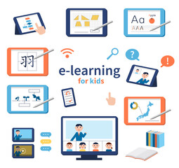 Eラーニングのイメージ。タブレット学習、オンライン学習のイラストセット。国算理社英ほか。