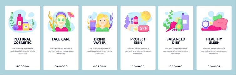 Healthy lifestyle, natural organic cosmetics, face and body care, diet, healthy sleep. Mobile app screens. Vector banner template for website and mobile development. Web site design illustration