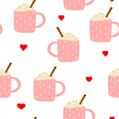 Seamless Cute Scandinavian vector pattern. A pink cups with ornament and hot drinks, cream, cinnamon. Eggnog, coffee, cocoa, on white background with red hearts. Holidays New Year and Valentine's Day