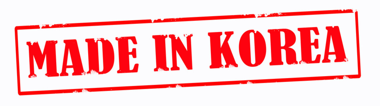 Red grunge banner stamp ( diagonalli ) with the words "MADE IN KOREA", isolated on white Background with copy space