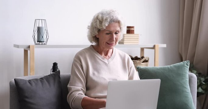 Happy focused senior 60s granny sitting on sofa with laptop on lap, shopping online at home. Smiling smart middle aged woman using computer applications, communicating with friends or web surfing.