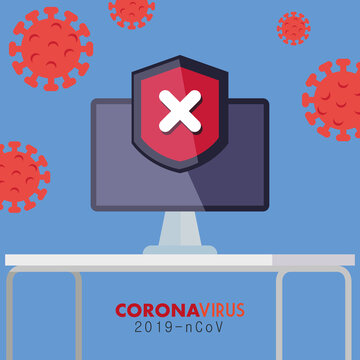 Computer With Warning Notification During Covid 19 Vector Illustration Design