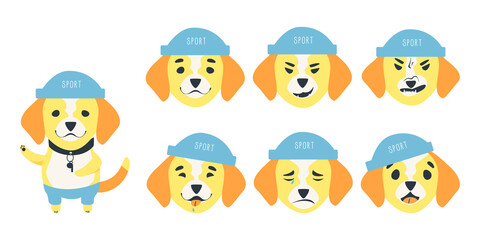 Set of emotions of a cute Beagle dog. A dog can be different happy, sad and kind. Sports accessories whistle, hat and pants. Flat cartoon vector illustration.