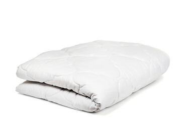 White blanket. Quilt on a white background. Ironed linens. Concept - sale of winter bedding. Production of bed linen from natural materials. Buying blankets for sleeping. Soft bedding.