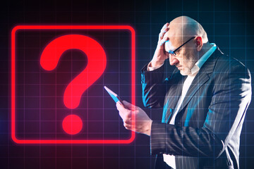 Man does not know what to be. Concept - stress due to uncertainty. Upset investor with a phone. Businessman upset due to suspense. Large question mark. Man has applied for consulting services.