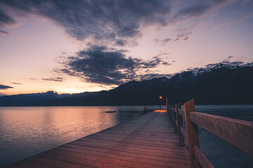 Glenorchy wharf wooden pier at sunset, South island of New Zealand
