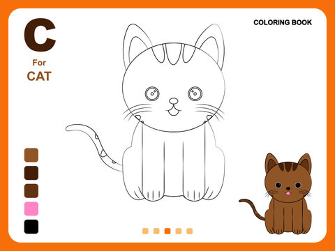 Preschool educational kids painting app game. Color painting practice on cat shape. Illustration of cat for coloring book. Object color filling practice for kids. Coloring book pages for kids.