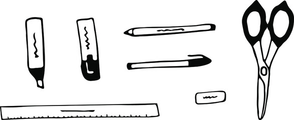 Set of office supplies, vector. Black and white. For study/business.