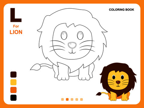 Preschool educational kids painting app game. Color painting practice on lion shape. Illustration of lion for coloring book. Object color filling practice for kids. Coloring book pages for kids.