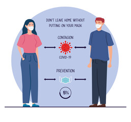 couple, campaign of dont leave home without putting on your medical mask vector illustration design