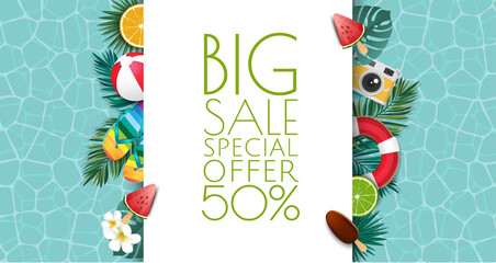 Fototapeta na wymiar Summer sale banner vector illustration. Summer elements in colorful backgrounds. Tropical frame with sand beach, water, leaves and fruits, ice cream.