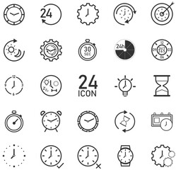 Set of 24 Time and clock thin line icons. circle outline style