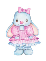 Cute cartoon bunny girl in pink. Watercolor hand drawn illustration for kids. Isolated on white background.