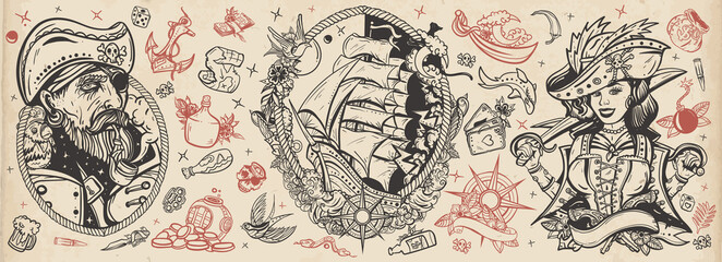 Pirates. Old school tattoo vector collection. Sea adventure. Traditional tattooing style. Captain, parrot, ship in storm, girl filibuster, compass, anchor, rum, treasure island, swallows