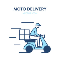 Motorbike delivery icon. Courier delivery man on scooter with parcel box. Vector illustration of a moto bike delivering service with a courier in a hat riding fast with a package