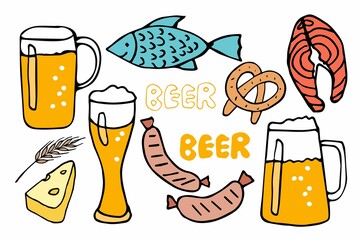 Vector beer Set. Beer glasses and snack Isolated on white background. Hand drawn doodle collection. Mug, glass, Bavarian sausage, pretzel, salmon, fish, cheese, lettering. For party, card, menu, logo