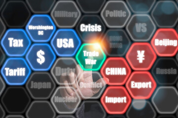 Hand pointing trade war wording between USA and China.Its is symbol for tariff trade war crisis between United States of America and China which the biggest economic country in the world. - obrazy, fototapety, plakaty