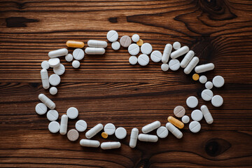 Different medicines: tablets, pills, medications drugs.