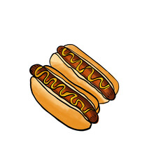 Hot dog drawing, colorful hand drawn illustration on isolated white background.