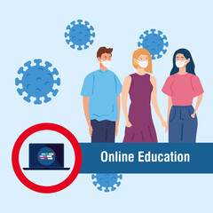 online education advice to stop coronavirus covid-19 spreading, learning online, young people using medical mask vector illustration design