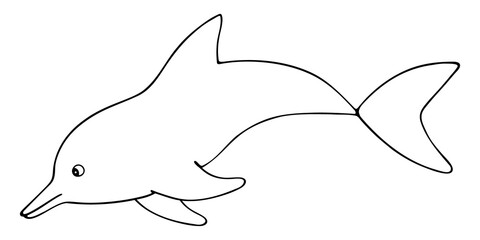Dolphin. Vector illustration. Outline on a white isolated background. Marine mammal. Inhabitant of the ocean. Hand drawing style. Sketch. Coloring book for children and adults. Idea for web design.