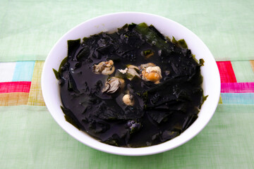 Korean food Seaweed Soup with oyster which is called Miyeok-guk