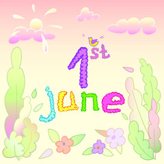 June 1st. International Children's Day. Cartoon doodle art style banner background. Vector illustration of varicoloured elements of letters, numbers, plants, sun, the clouds. 