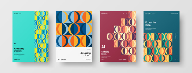 Naklejka premium Company identity brochure template collection. Business presentation vector A4 vertical orientation front page mock up set. Corporate report cover abstract geometric illustration design layout bundle.