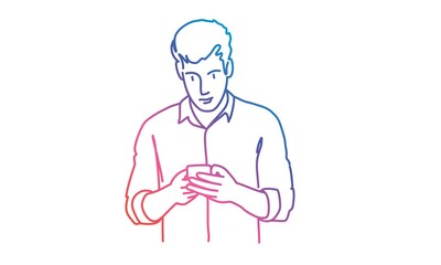 Man or Businessman uses a smartphone while standing. Rainbow colors in linear vector illustration.