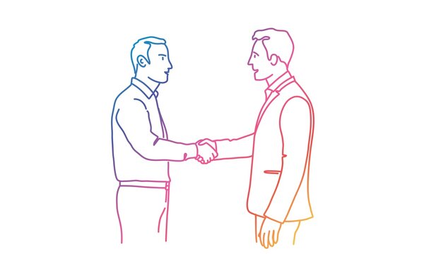Two business shaking hands during meeting. Rainbow colors in linear vector illustration.