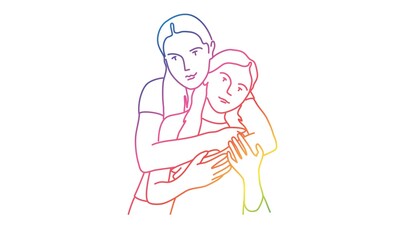 Mother hugs daughter. Older and younger sisters. Rainbow colors in linear vector illustration.