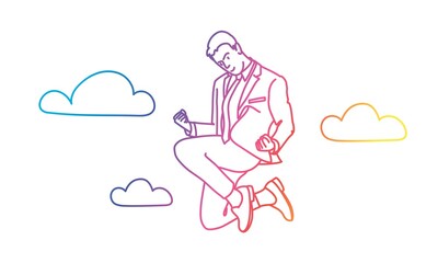 Successful businessman jumping in the clouds. Rainbow colors in linear vector illustration.