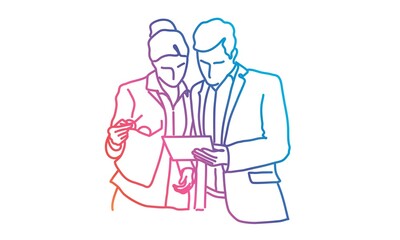 Man and woman looking at screen of digital tablet. Rainbow colors in linear vector illustration.