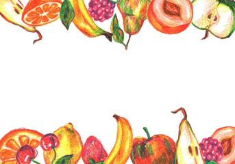 Rectangular fruit frame with different fruits painted with oil pastel bananas, apples, oranges, pears, cherries, raspberries, strawberries and lemon. Everything is hand-painted for decoration and desi