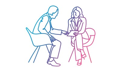 Couple sitting in armchairs. Man pointing at tablet. Rainbow colors in linear vector illustration.