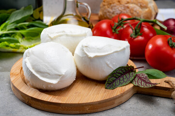Fresh handmade soft Italian cheese from Campania, white balls of buffalo mozzarella cheese made from cow milk ready to eat
