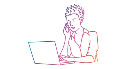 Girl using laptop and and talking on the phone. Rainbow colors in linear vector illustration.