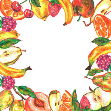 Bright fruit frame with different fruits painted in oil pastel bananas, apples, oranges, pears, cherries, raspberries, strawberries and lemon. Everything is hand-painted for decoration and design.
