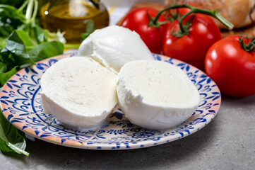 Fresh handmade soft Italian cheese from Campania, white balls of buffalo mozzarella cheese made from cow milk ready to eat