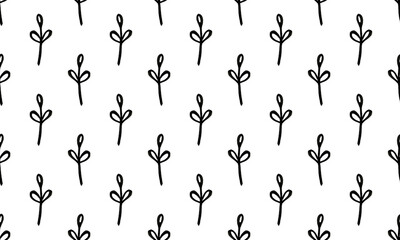 Seamless pattern with hand drawn plant branches. Fabric or textile print template. Floral design element. Spring and summer symbol. Contour otline drawing of simple black twig