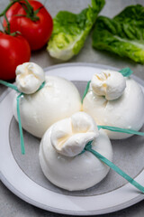 Cheese collection, fresh soft Italian cheese from Puglia, white balls of burrata or burratina cheese made from mozzarella and cream filling