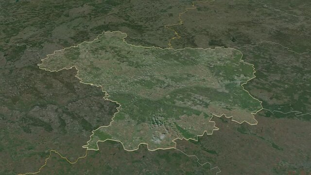 Bryansk, region with its capital, zoomed and extruded on the satellite map of Russia in the conformal Stereographic projection. Animation 3D