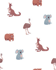 Seamless vector pattern with australian animals. Funny animals, print for printing on t-shirts, packaging, wallpaper, paper, posters. Isolated white, flat style.
