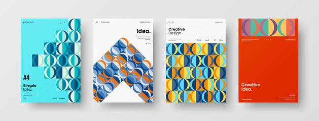 Fototapeta premium Company identity brochure template collection. Business presentation vector A4 vertical orientation front page mock up set. Corporate report cover abstract geometric illustration design layout bundle.