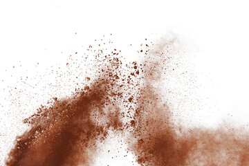 Brown color powder explosion on white background. Colored cloud. Colorful dust explode. Paint Holi.