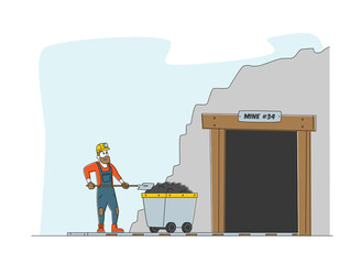 Worker Character in Uniform and Helmet Stand at Coal Mine Entrance with Trolley and with Shovel in Hands. Miner at Work. Extraction Industry Profession, Working Occupation. Linear Vector Illustration